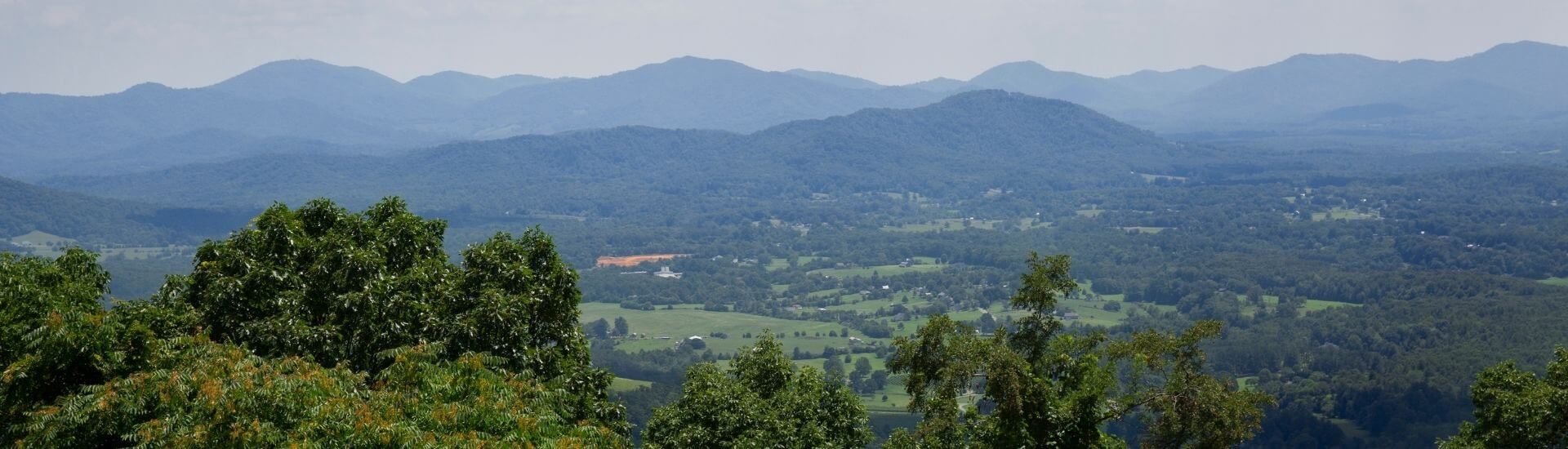 View of an expansive valley with dense trees and mountain range in the background