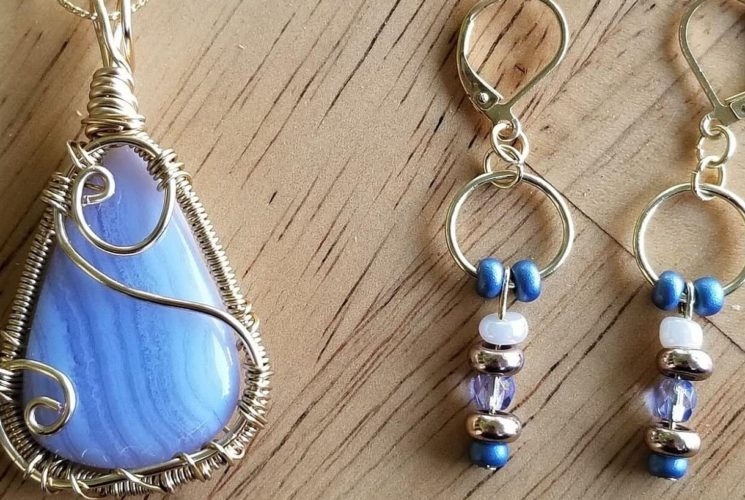 Set of silver handmade earrings and necklace with blue gemstones