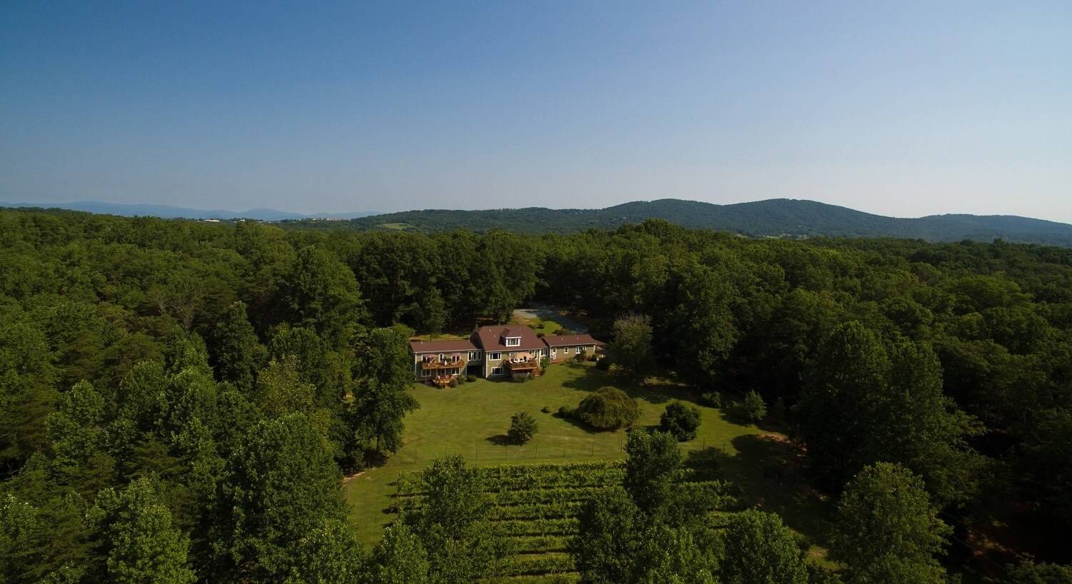 Aerial view of a large home nestled in dense trees with expansive lawn and vineyard